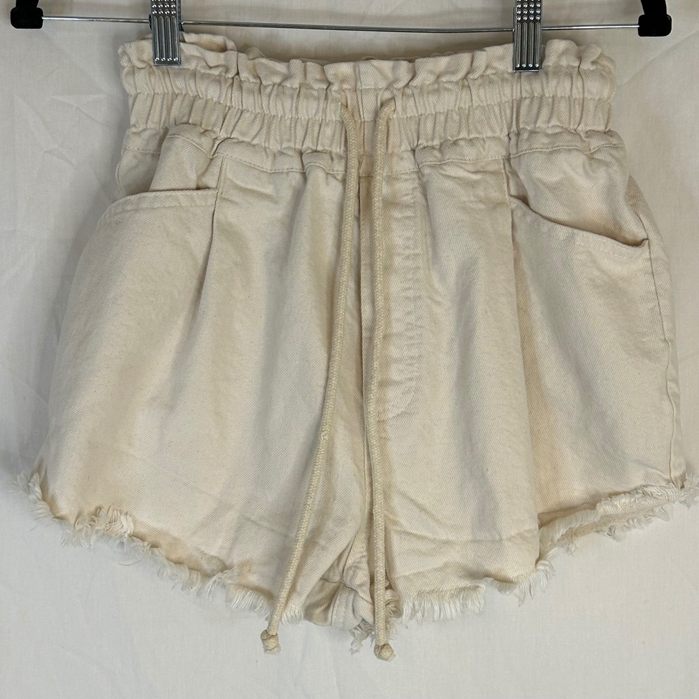 Evelyn‎ Blue Women's Shorts Small Frayed Hem Elastic Waist Cream Beige Cotton